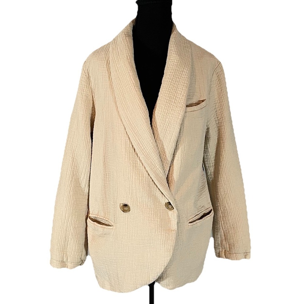 Free People Rowan Cotton Gauze Double Breasted Blazer Jacket in Ecru/Cream Sm - Picture 1 of 7